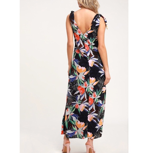 NWT LuLu's Black Tropical Floral Vacation Tie Sleeves A Line Maxi Dress Womens S - Picture 4 of 8